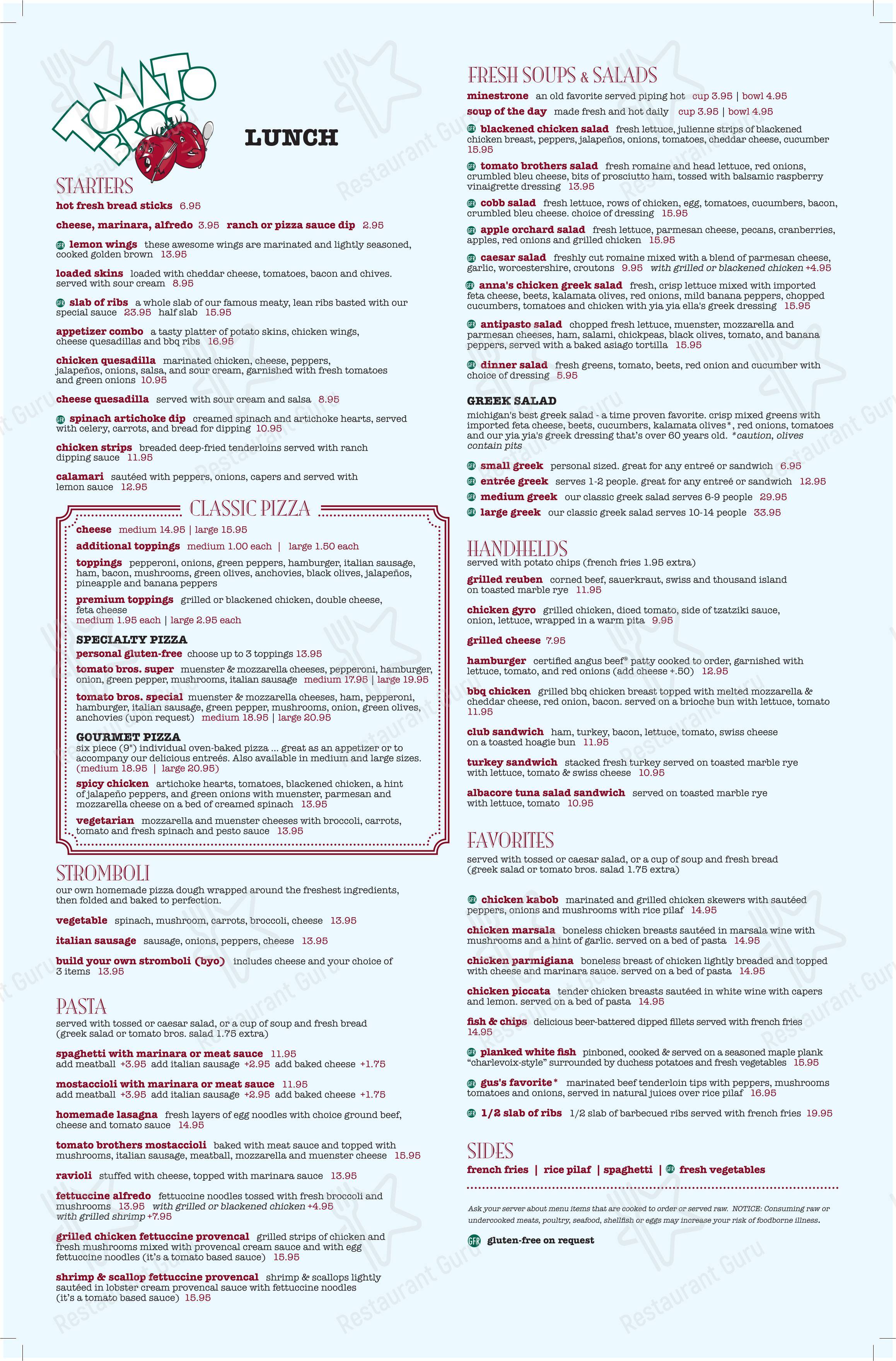 Menu at Tomato Brothers pizzeria, Howell