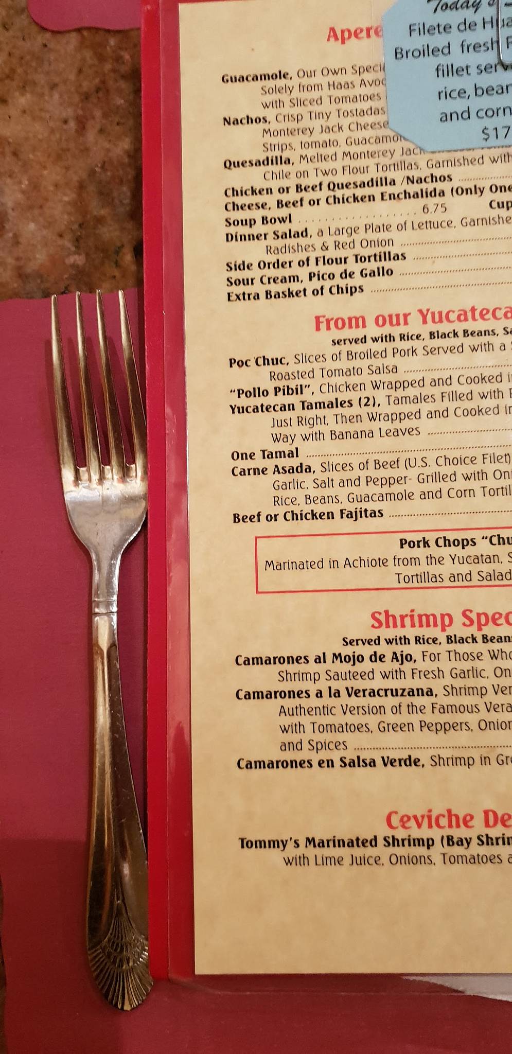 Menu at Tommy's Mexican Restaurant, San Francisco