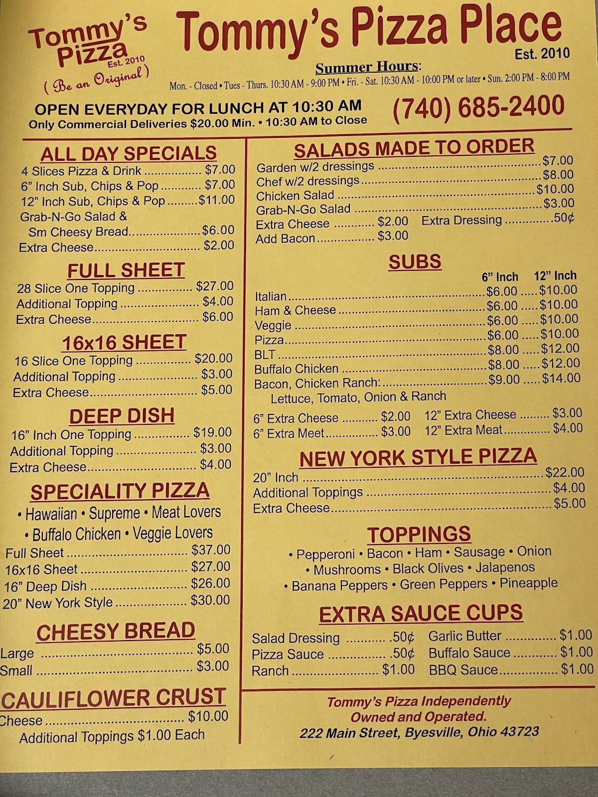 Menu at Tommy's Pizza pizzeria, Byesville, east