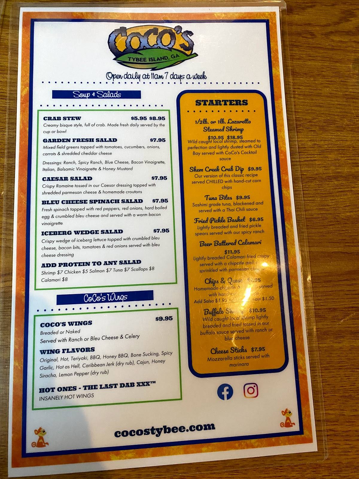 Menu at CoCo's Sunset Grille pub & bar, Tybee Island