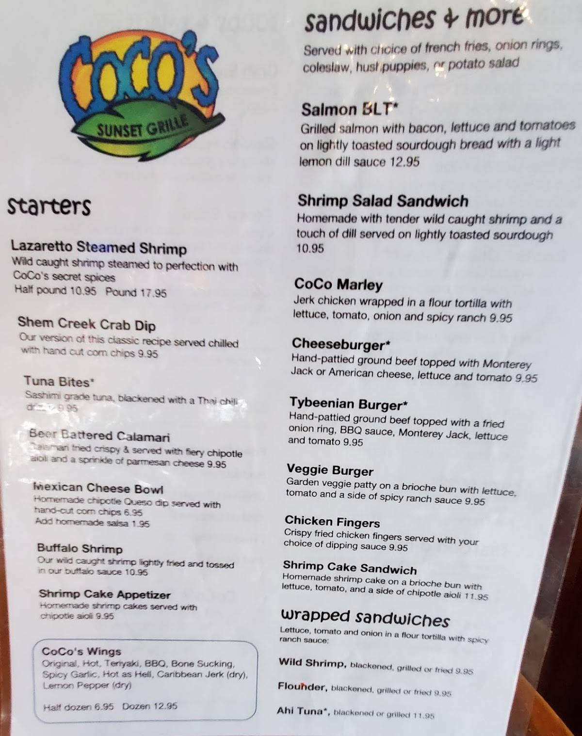 Menu at CoCo's Sunset Grille pub & bar, Tybee Island