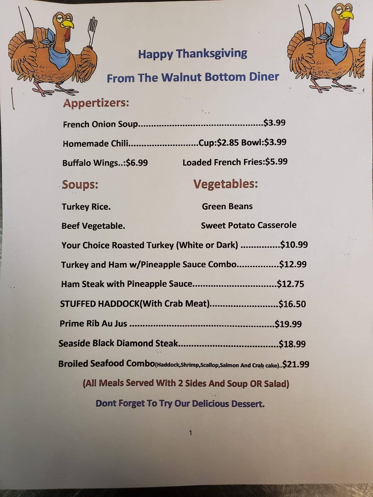 Menu at Walnut Bottom Diner restaurant, Carlisle