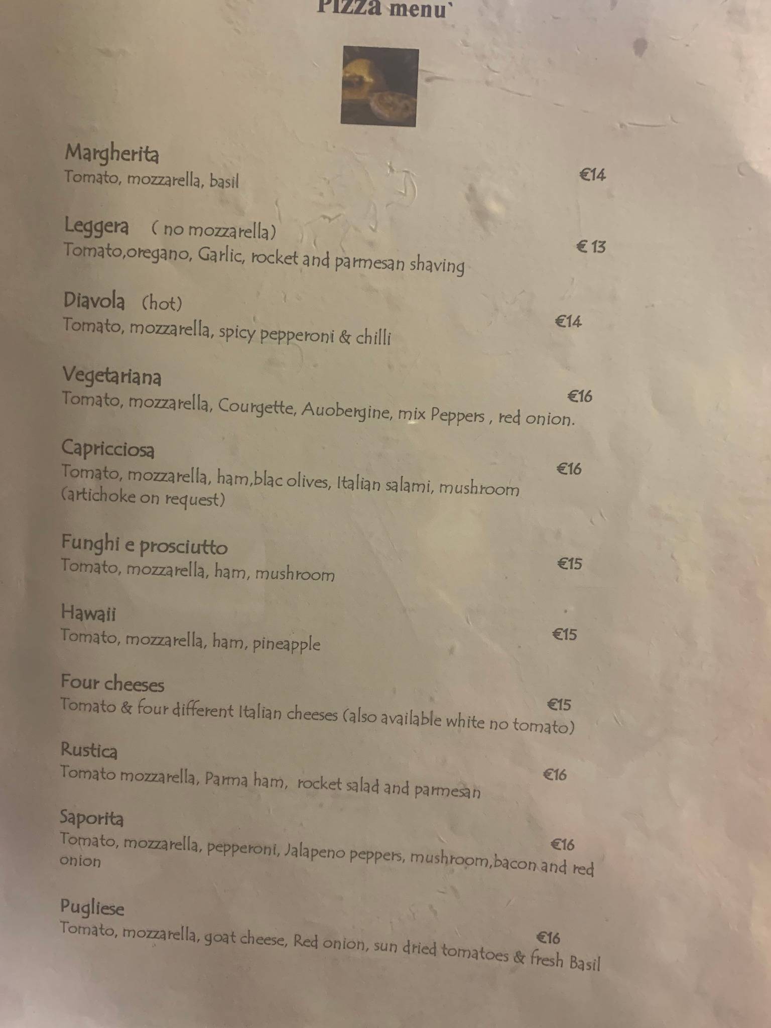 Menu at Emiliano's restaurant, Waterford
