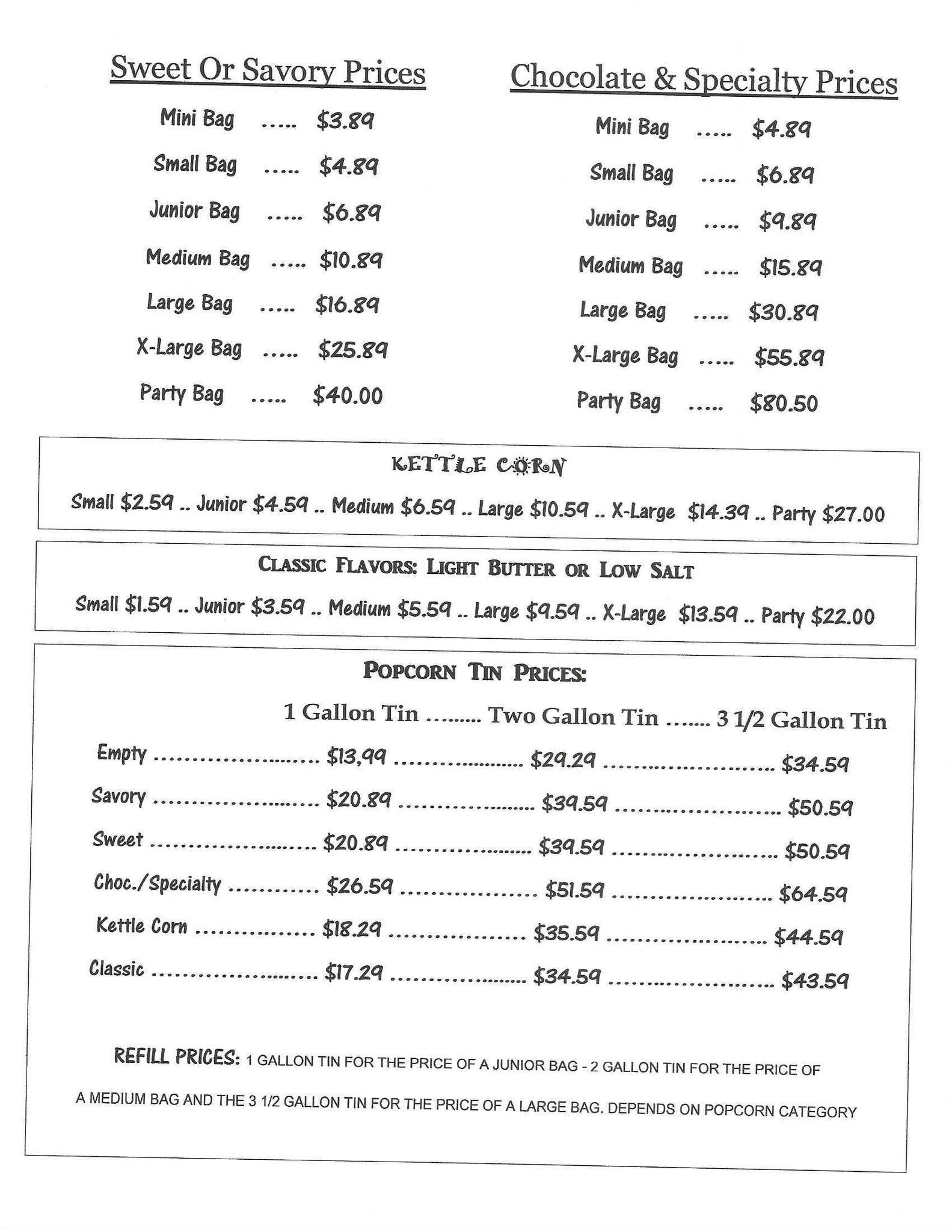 Menu at Young's Popcorn Heaven restaurant, Peoria