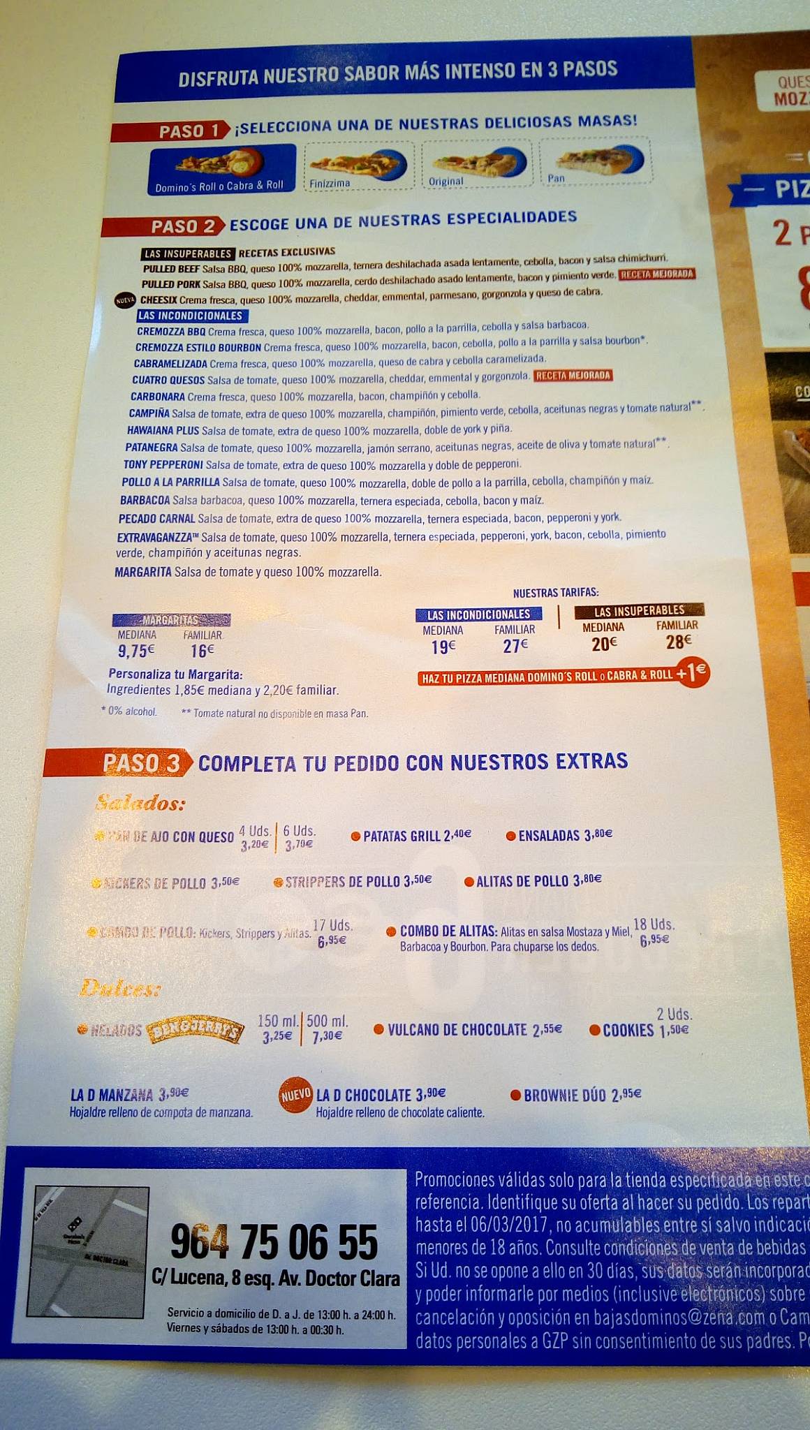 Carta de pizzería Domino's Pizza, Zaragoza, Gertrudis