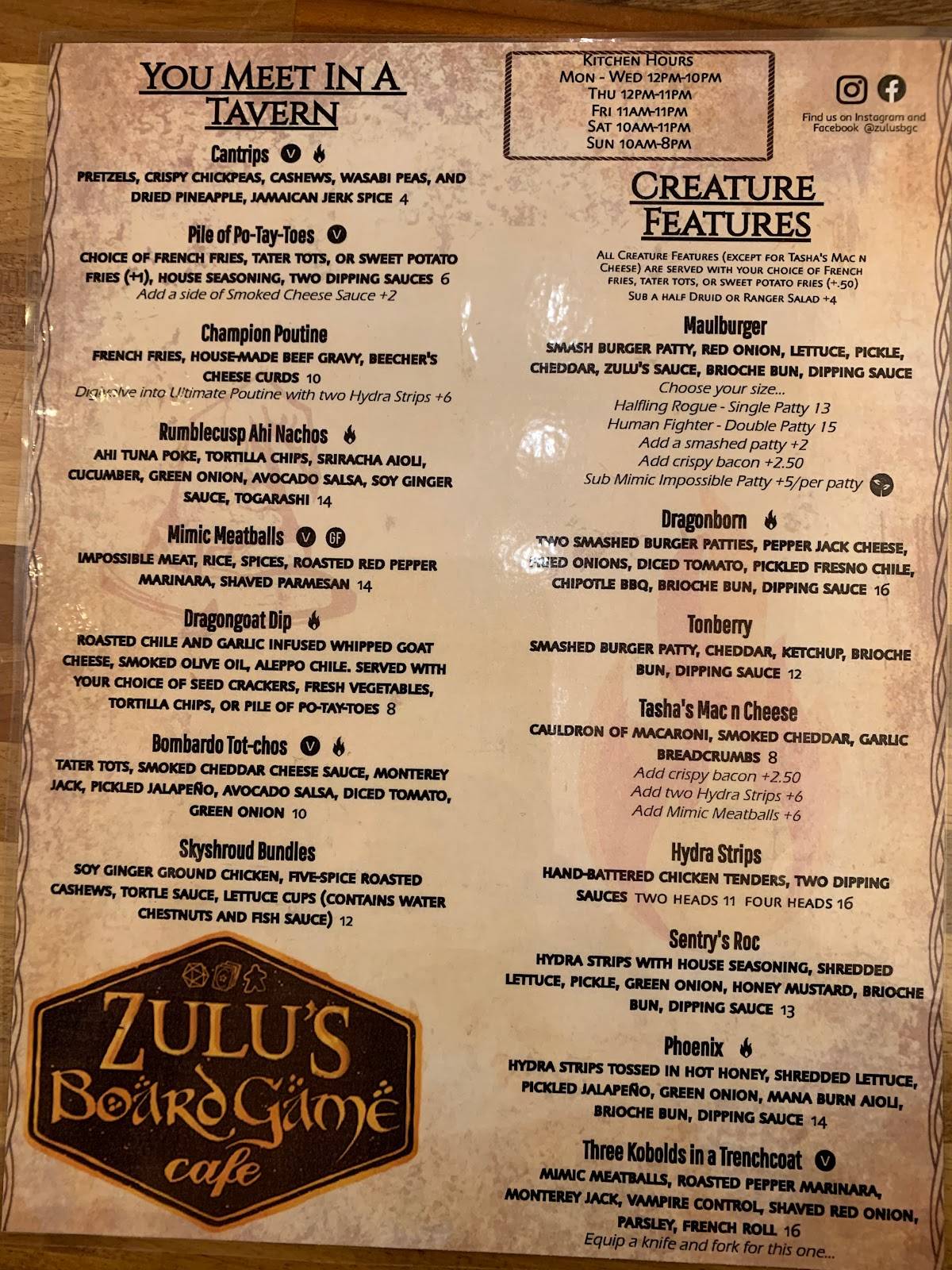 Menu at Zulu's Board Game Cafe, Bothell
