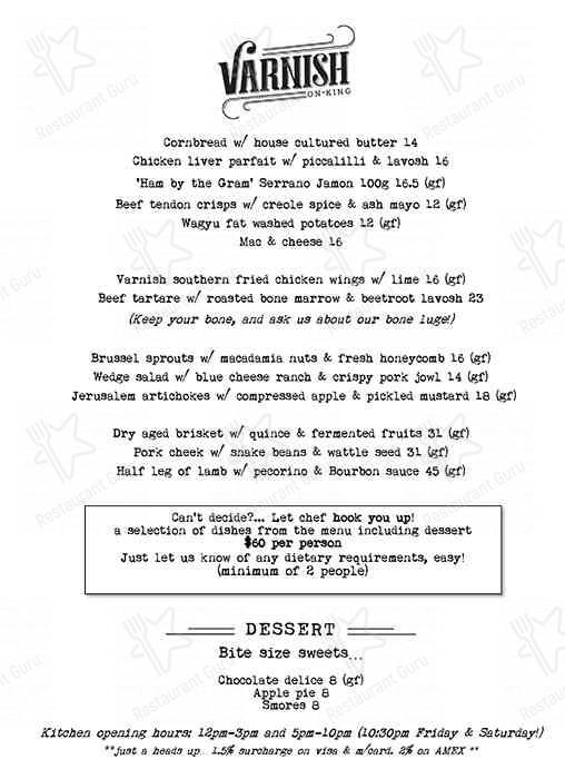 Menu at Varnish on King restaurant, Perth