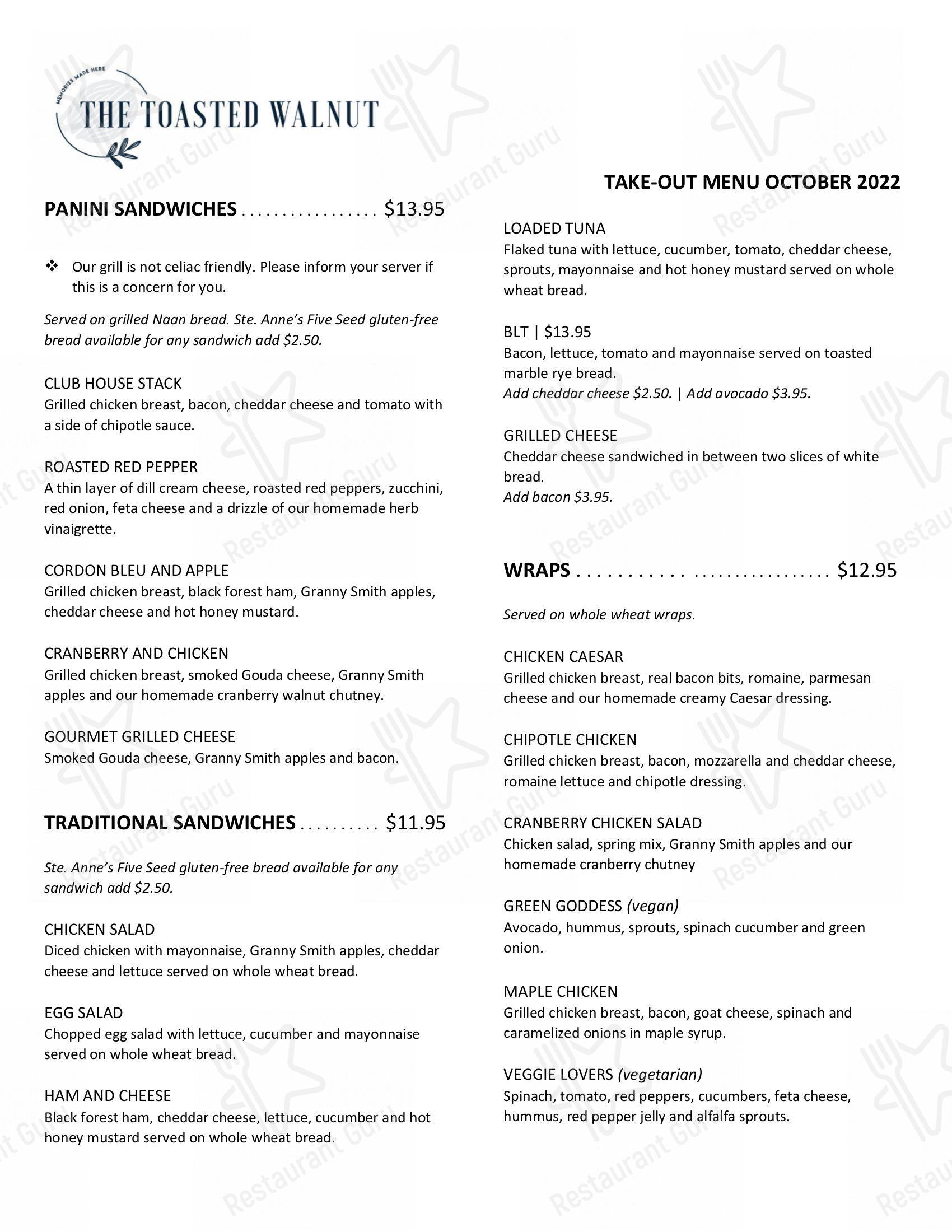 Menu at The Toasted Walnut cafe, Bowmanville