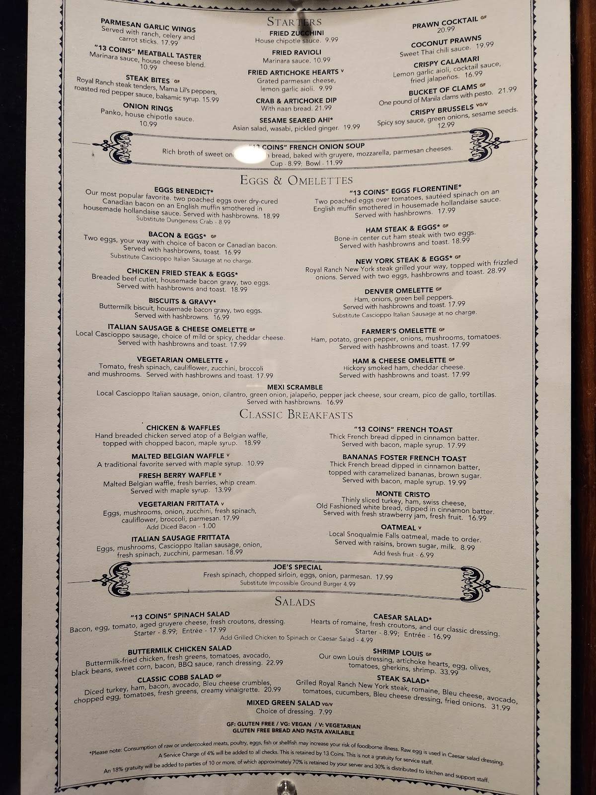 13 coins restaurant menu with prices