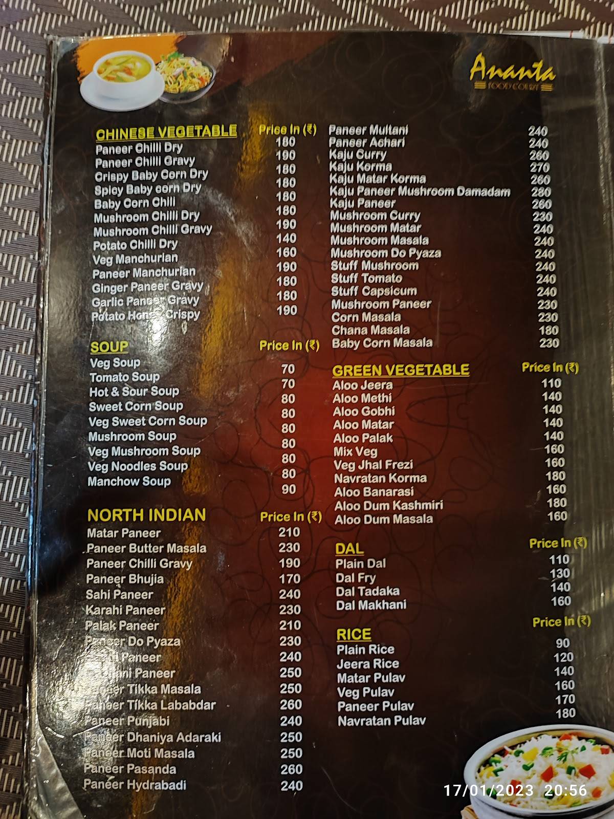 Menu at ANANTA FOOD COURT, Varanasi