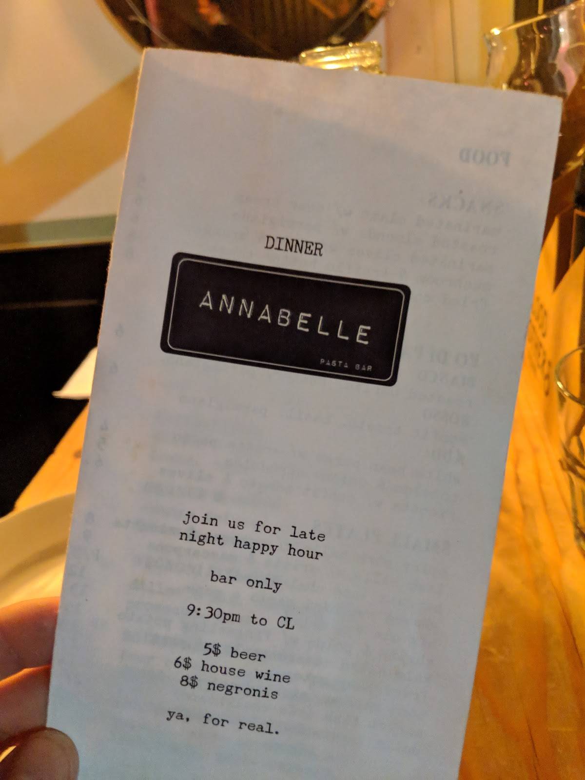 Menu at Annabelle Pasta Bar, Toronto