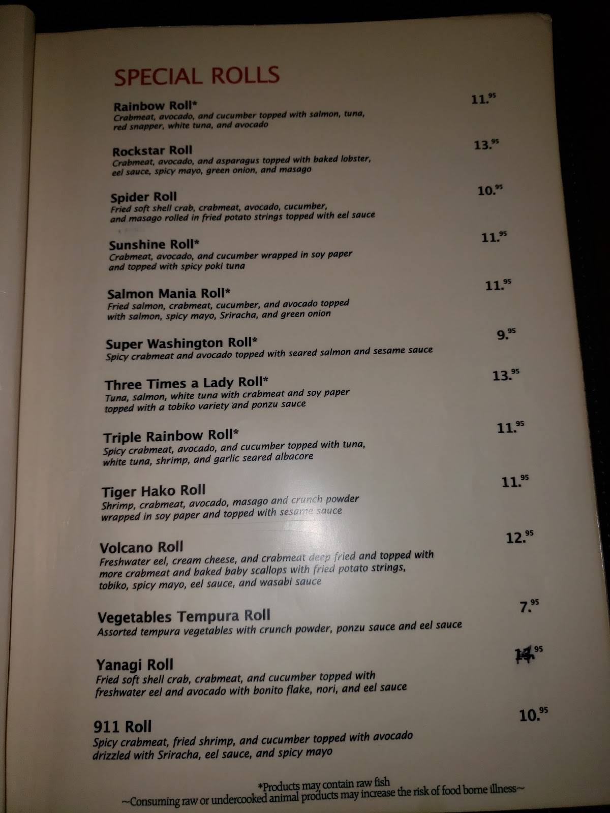 Menu at Aya Sushi restaurant, Olympia