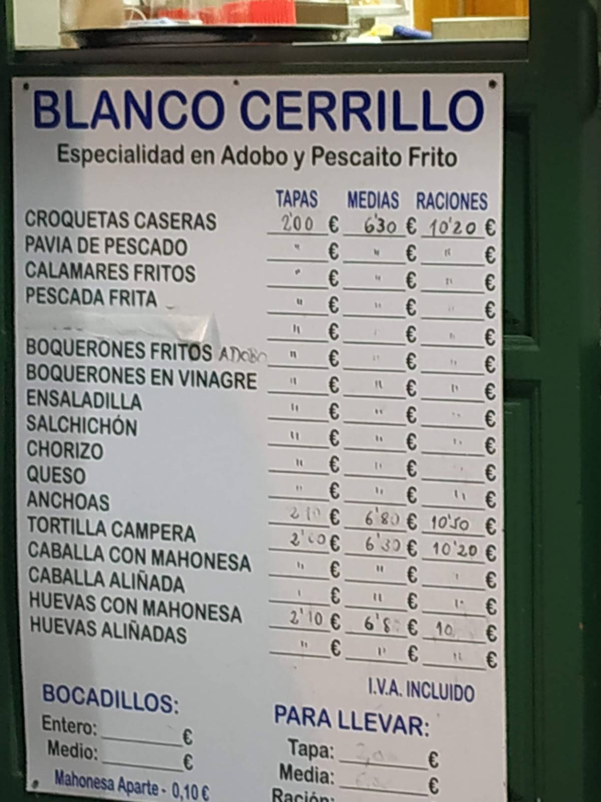 Menu at Bar Blanco Cerrillo Triana, Seville, C. Peñaflor