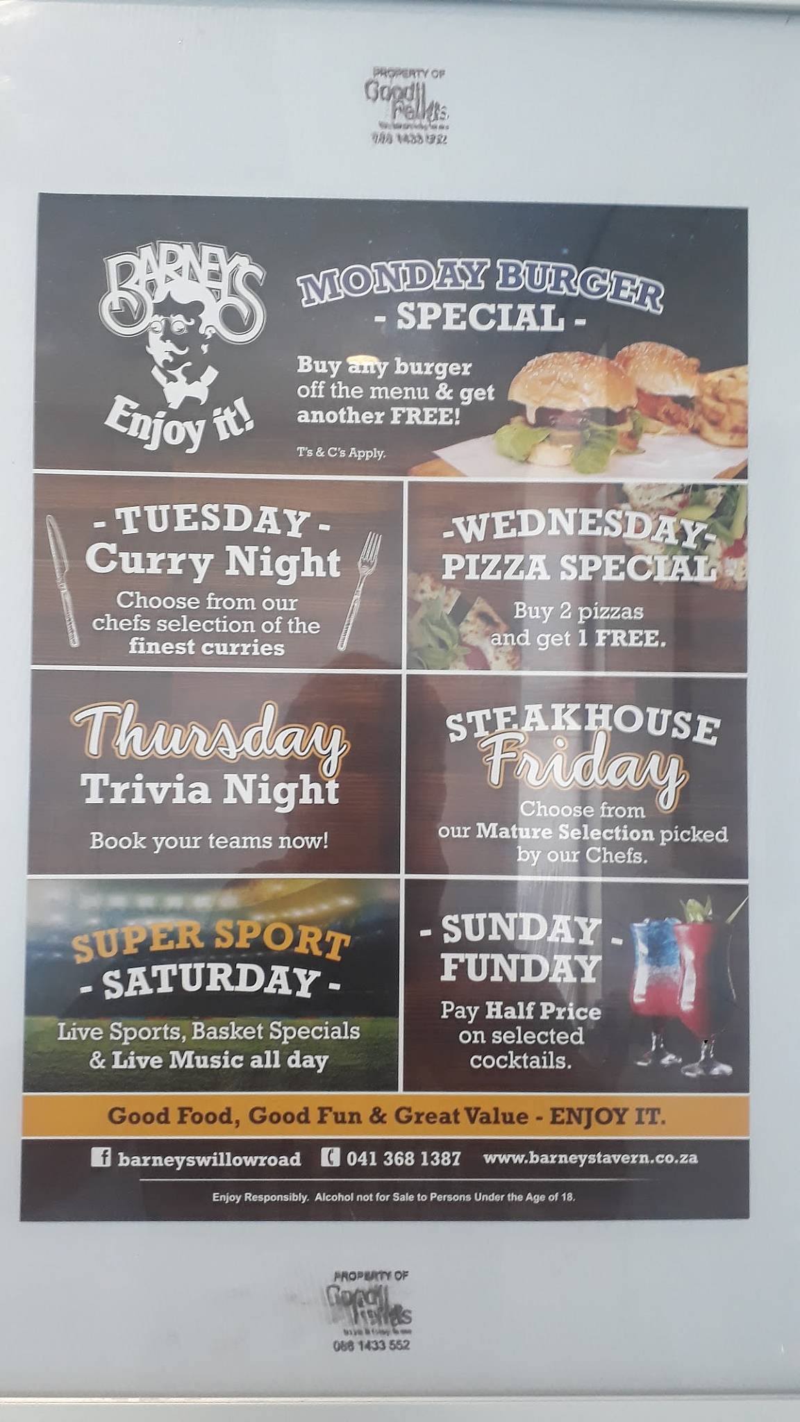 Menu at Barney's Willow Road, Port Elizabeth