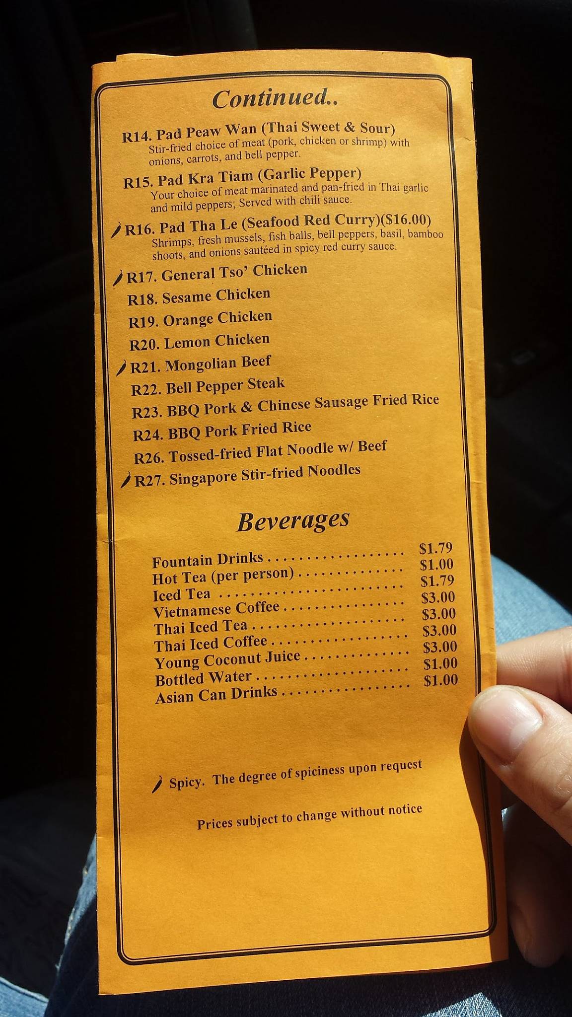 Menu at Basil House restaurant, Texas City