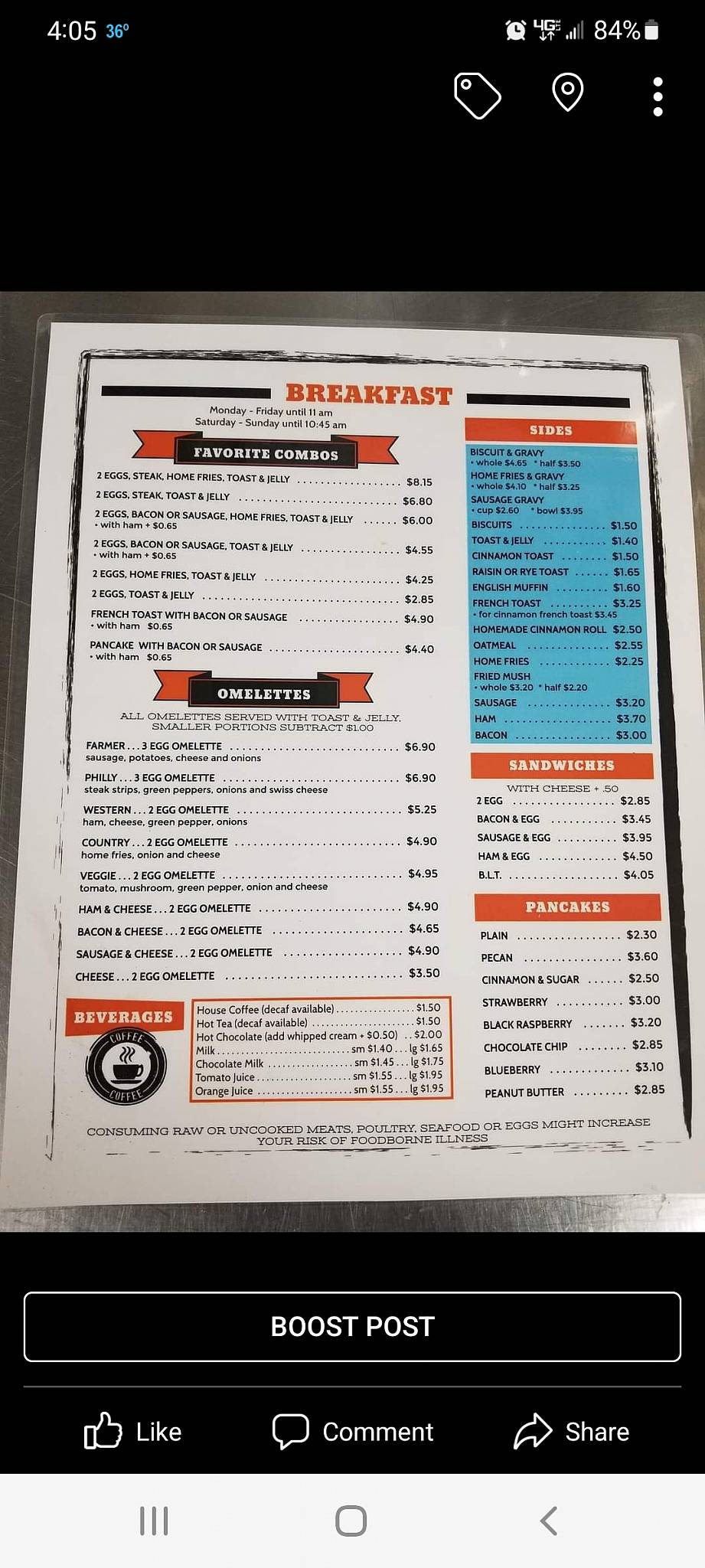 Menu at Everett's Family Restaurant, Willshire