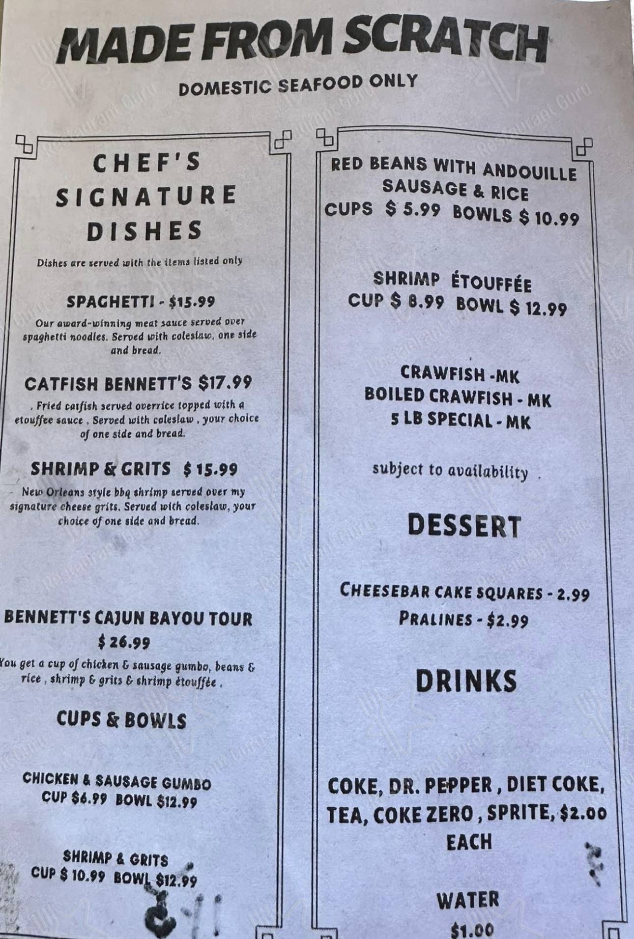 Menu at Seafood, Hot Springs Village