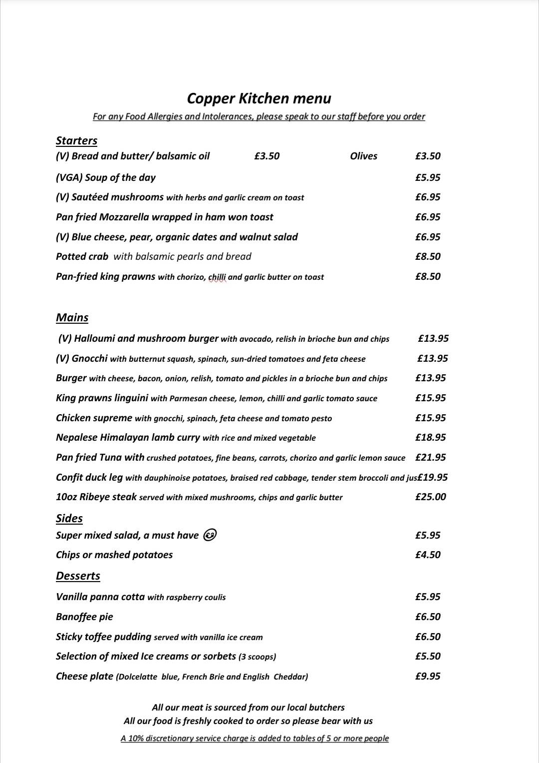 Menu at Copper Kitchen restaurant, Bicester