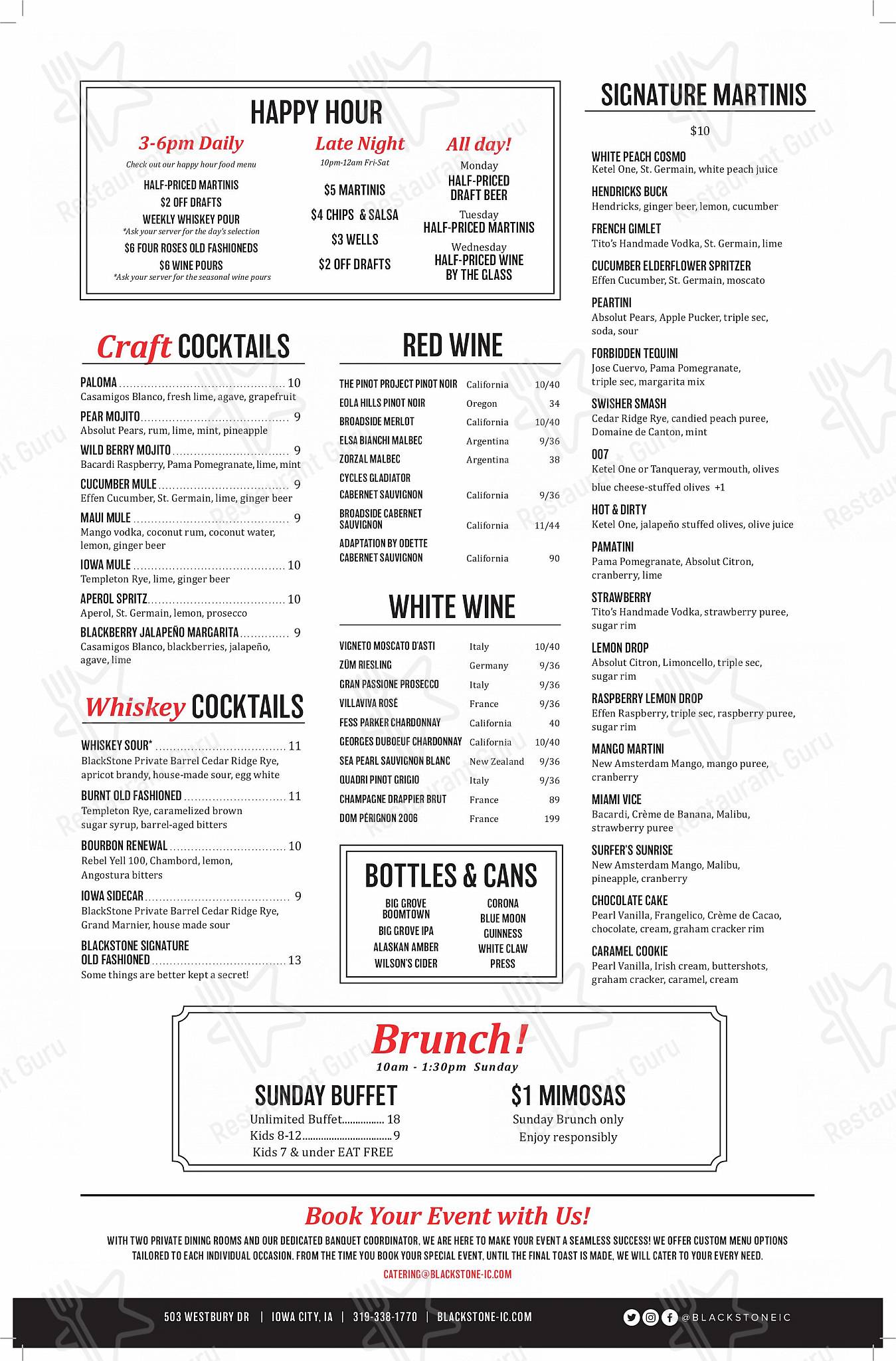 Menu At BlackStone Restaurant, Iowa City, 503 Westbury Dr #1