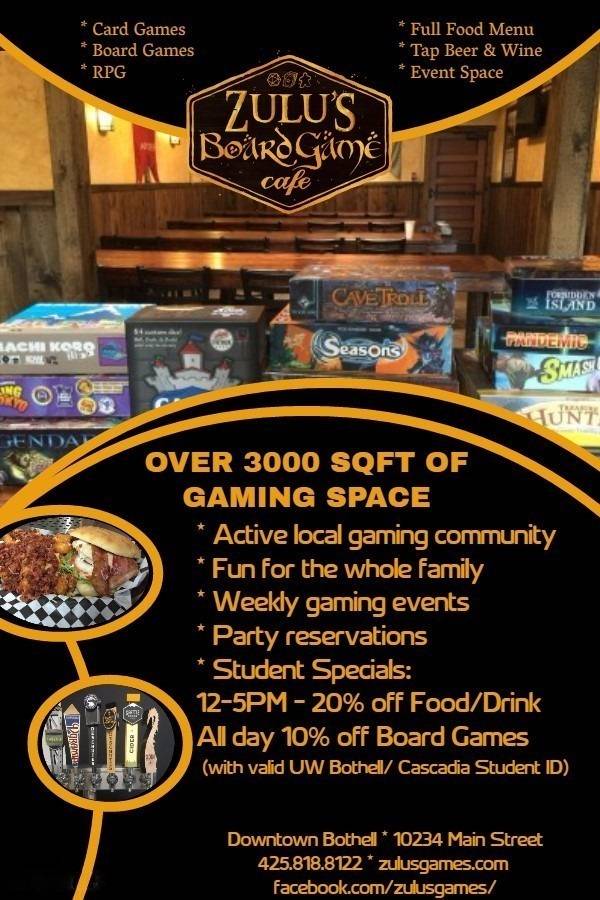 Menu at Zulu's Board Game Cafe, Bothell