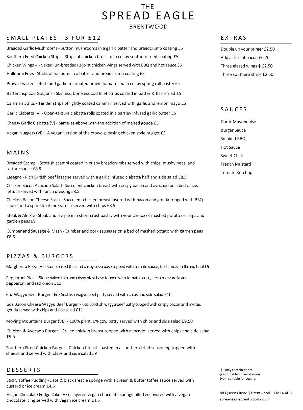 Menu at Spread Eagle pub & bar, Brentwood