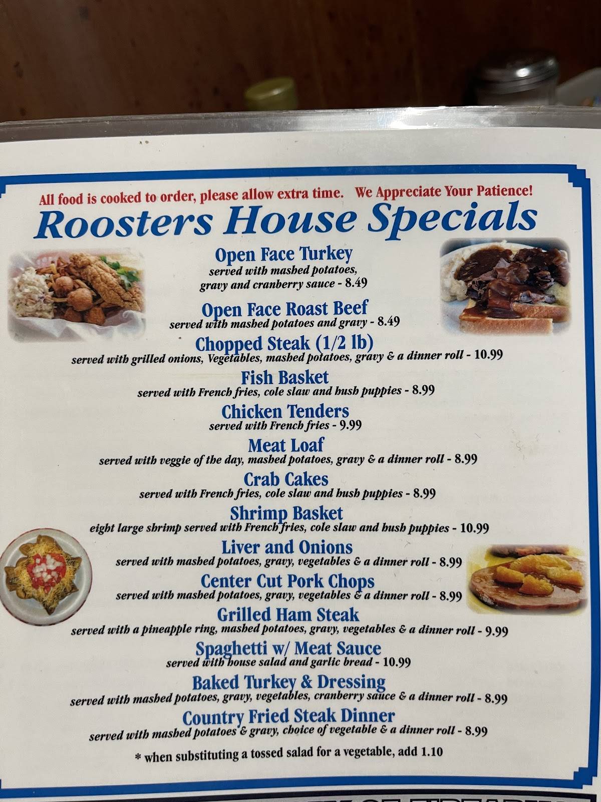 Menu at Roosters Cafe, Brooksville