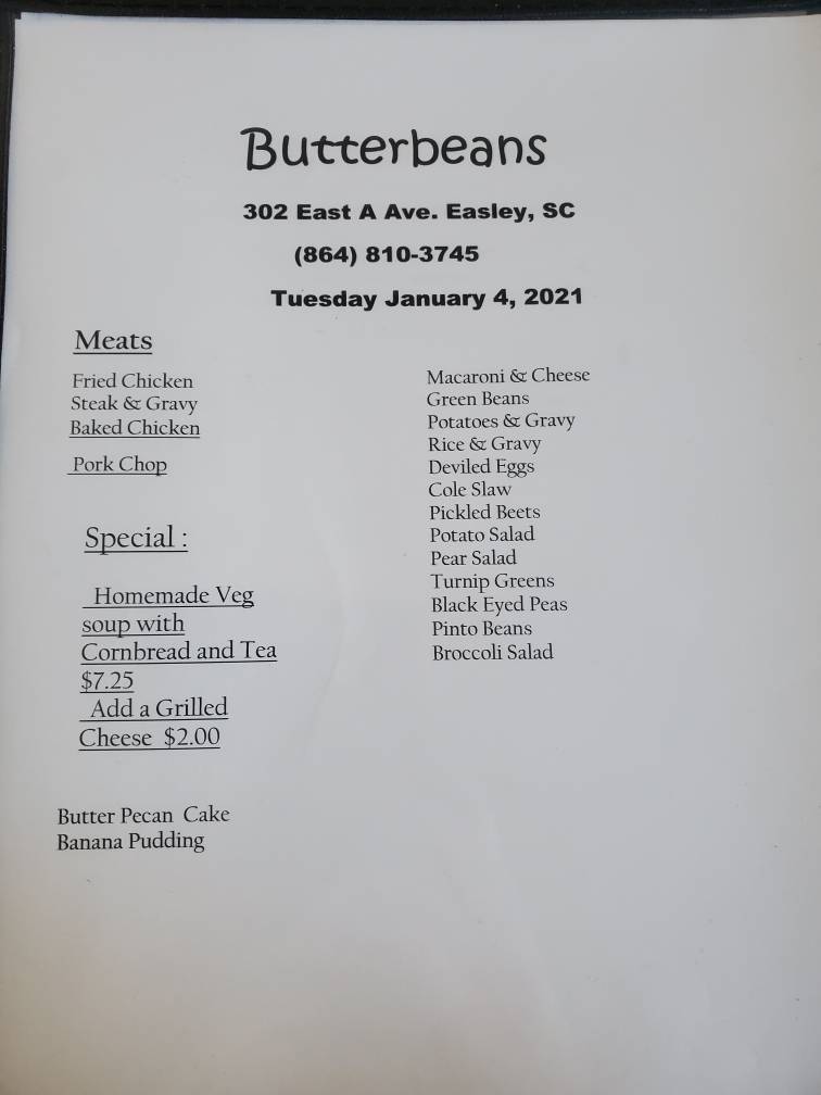 Menu at Butterbeans Restaurant, Easley