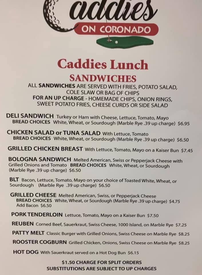 Menu at Caddies on Coronado restaurant, Hot Springs Village