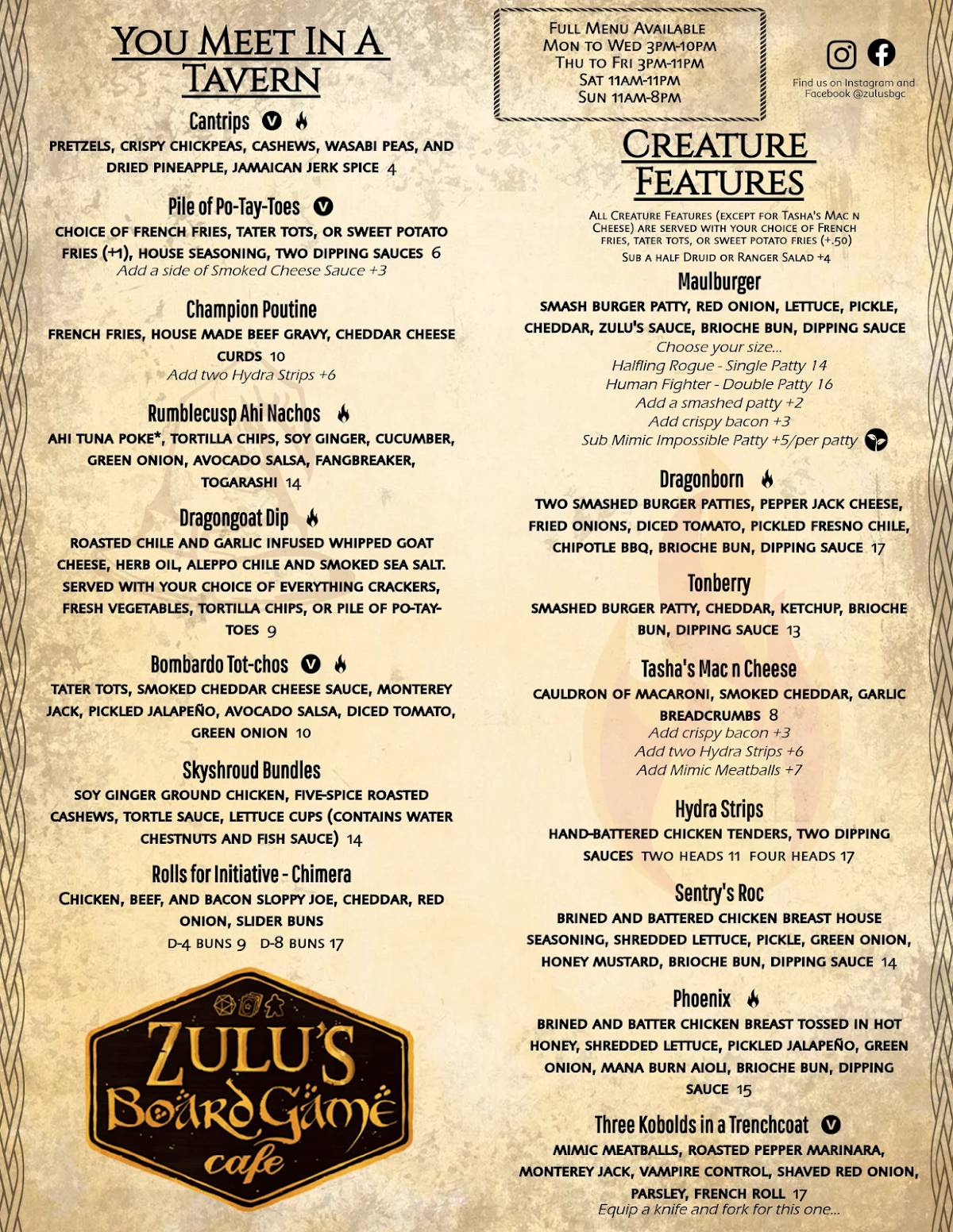 Menu at Zulu's Board Game Cafe, Bothell