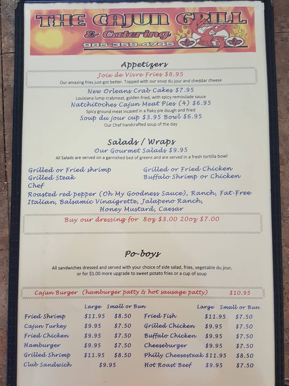 Menu at Cajun Grill & Catering restaurant, LaPlace