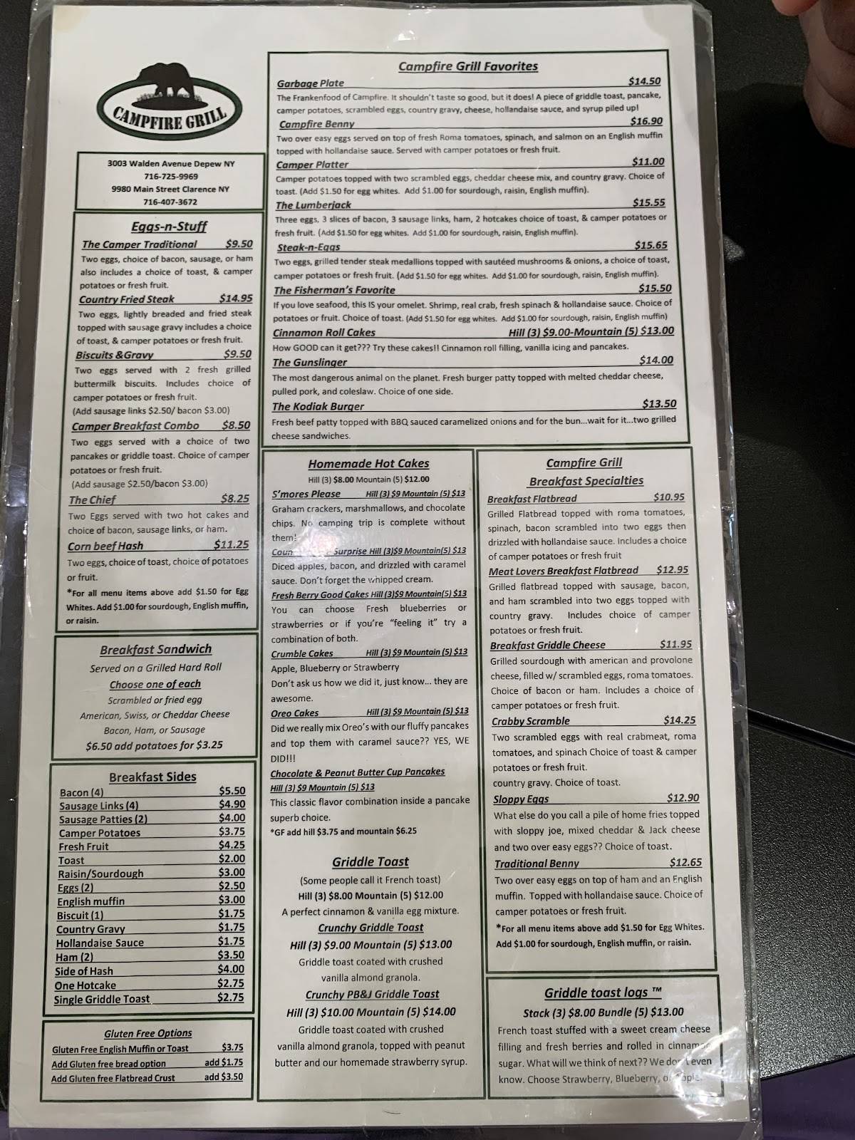 Menu at Campfire Grill restaurant, Clarence