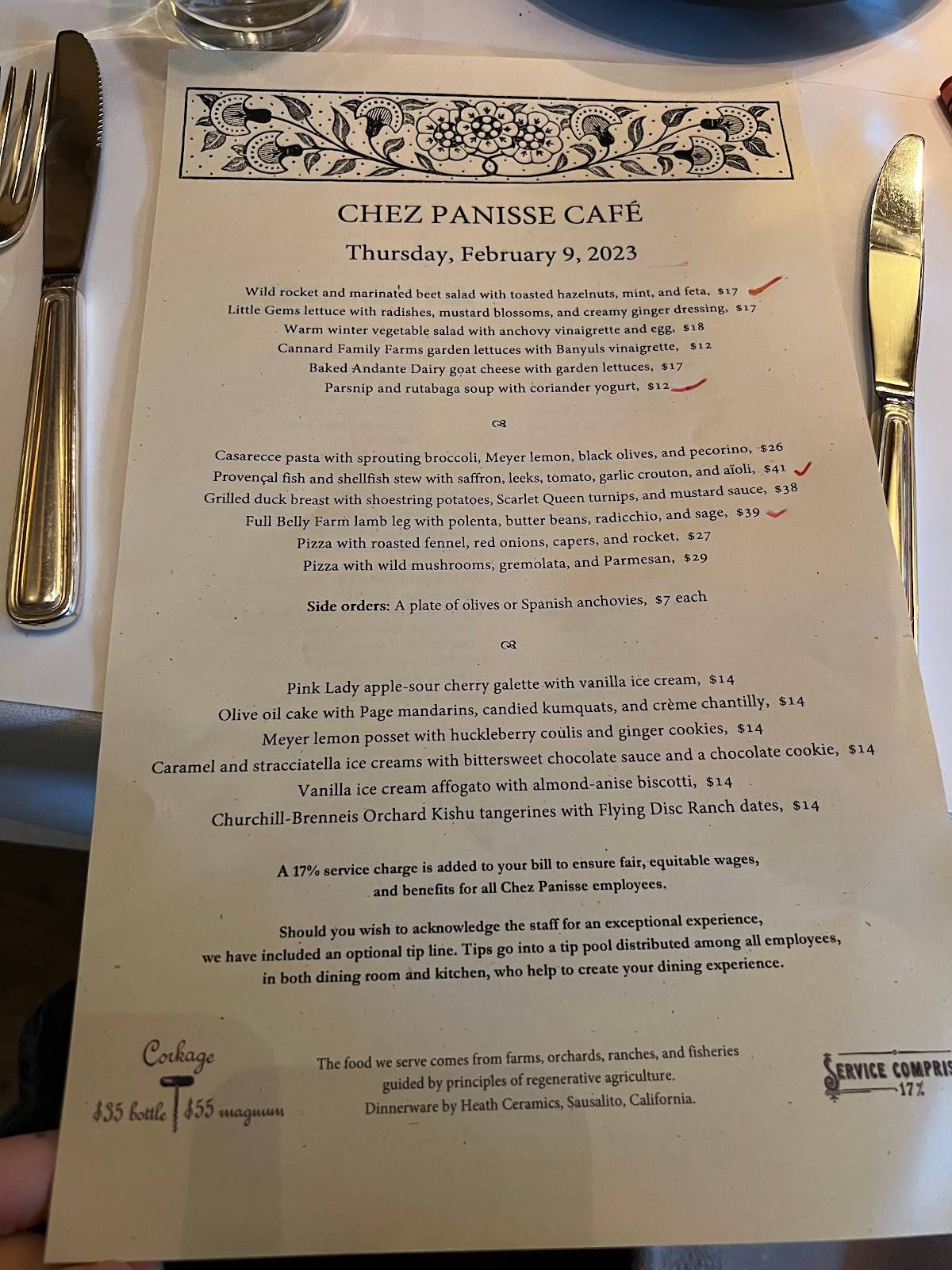 Menu at Chez Panisse restaurant, Berkeley, Shattuck Ave.