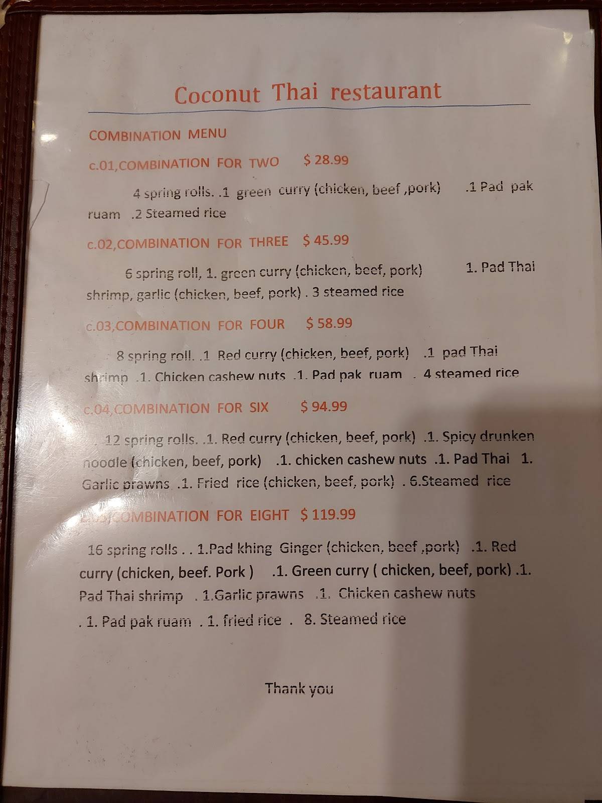 Menu at Coconut Thai Restaurant (Chilliwack), Chilliwack