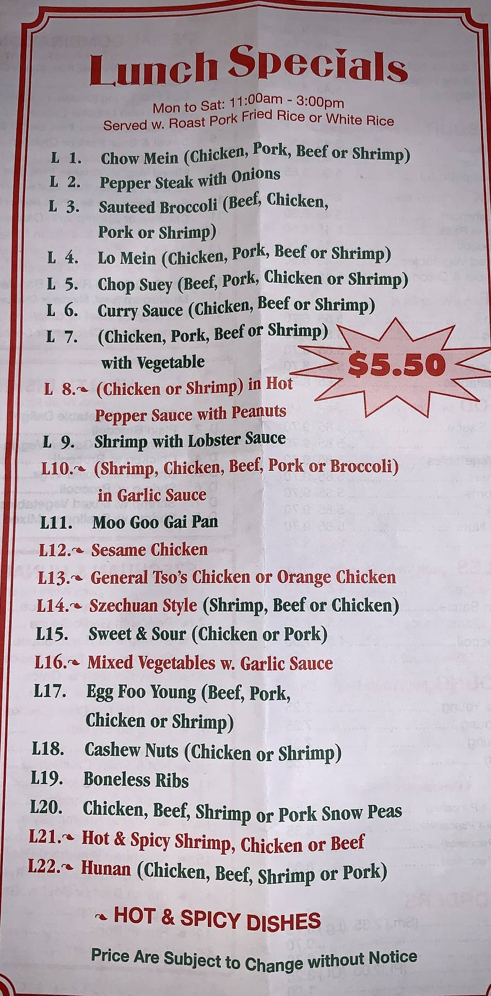 Menu at China King restaurant, Curwensville