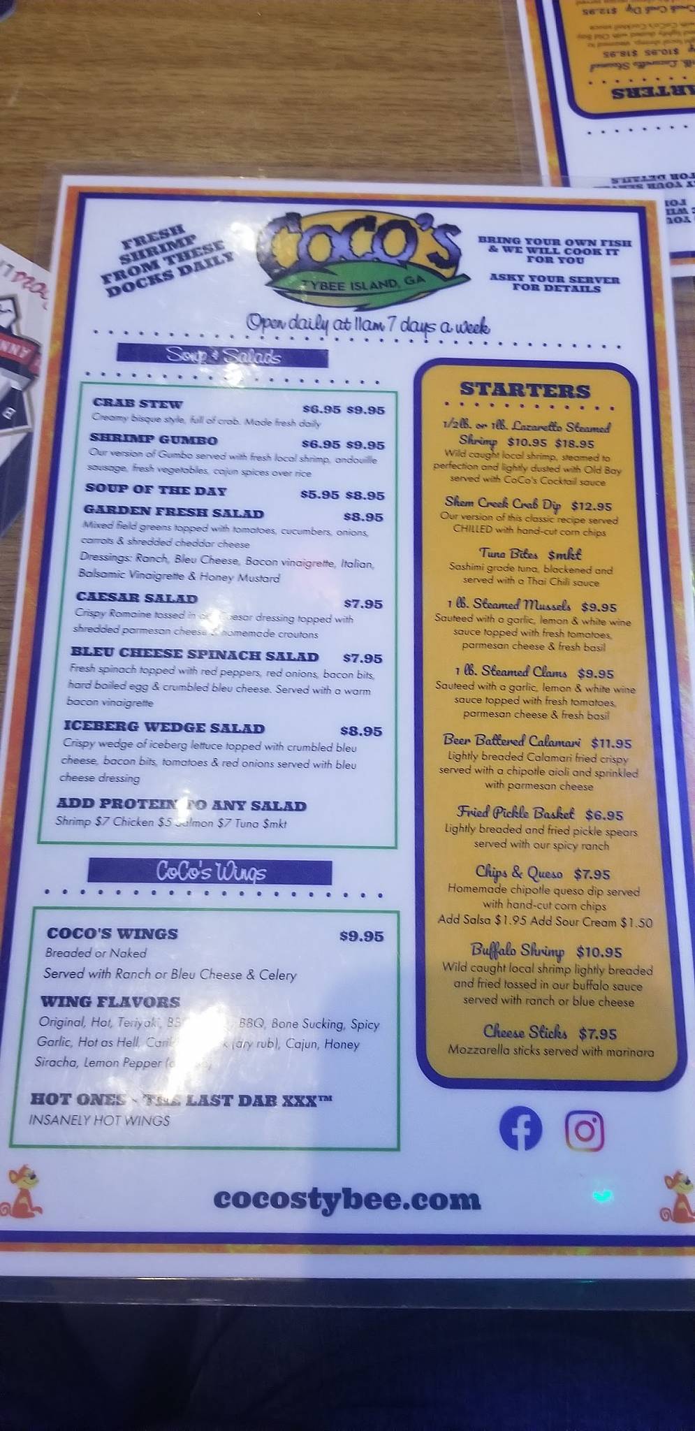 Menu at CoCo's Sunset Grille pub & bar, Tybee Island