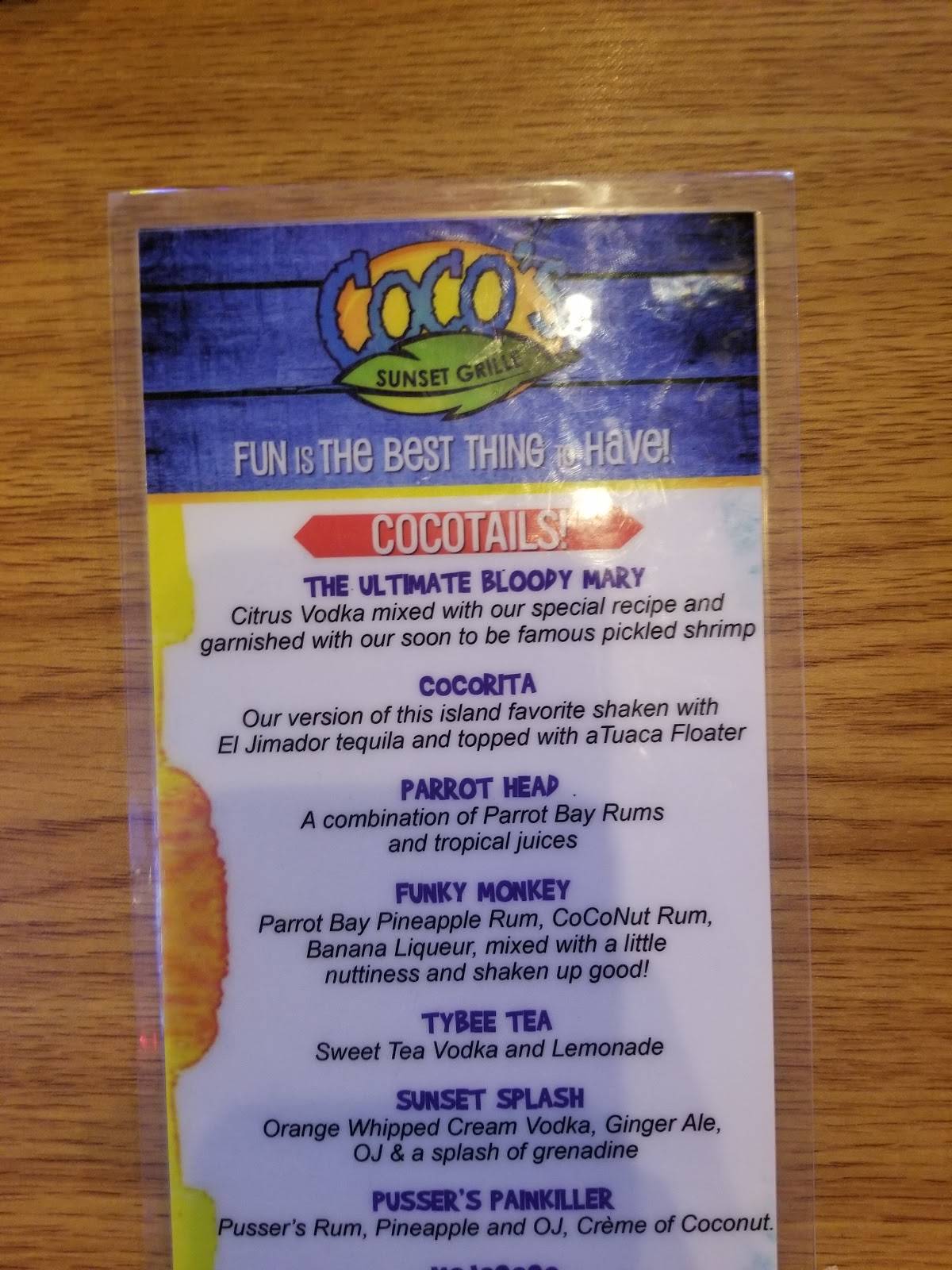 Menu at CoCo's Sunset Grille pub & bar, Tybee Island