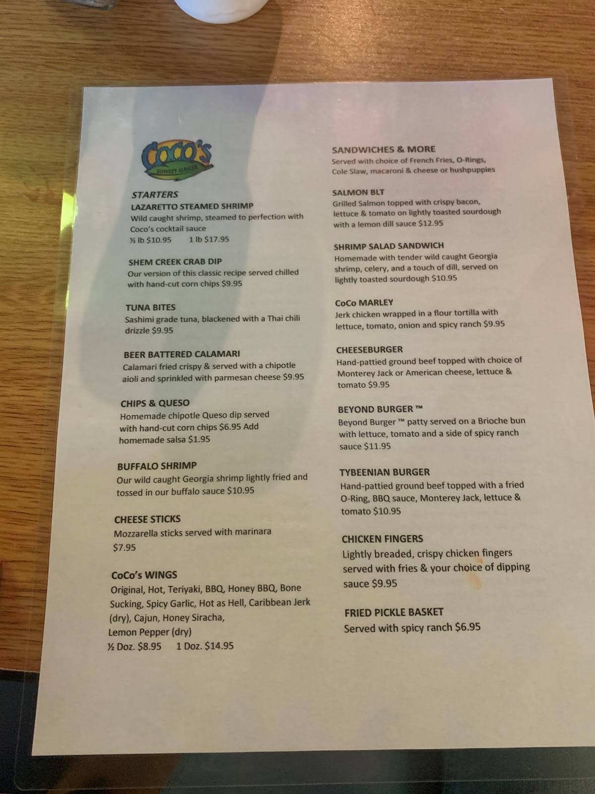 Menu at CoCo's Sunset Grille pub & bar, Tybee Island