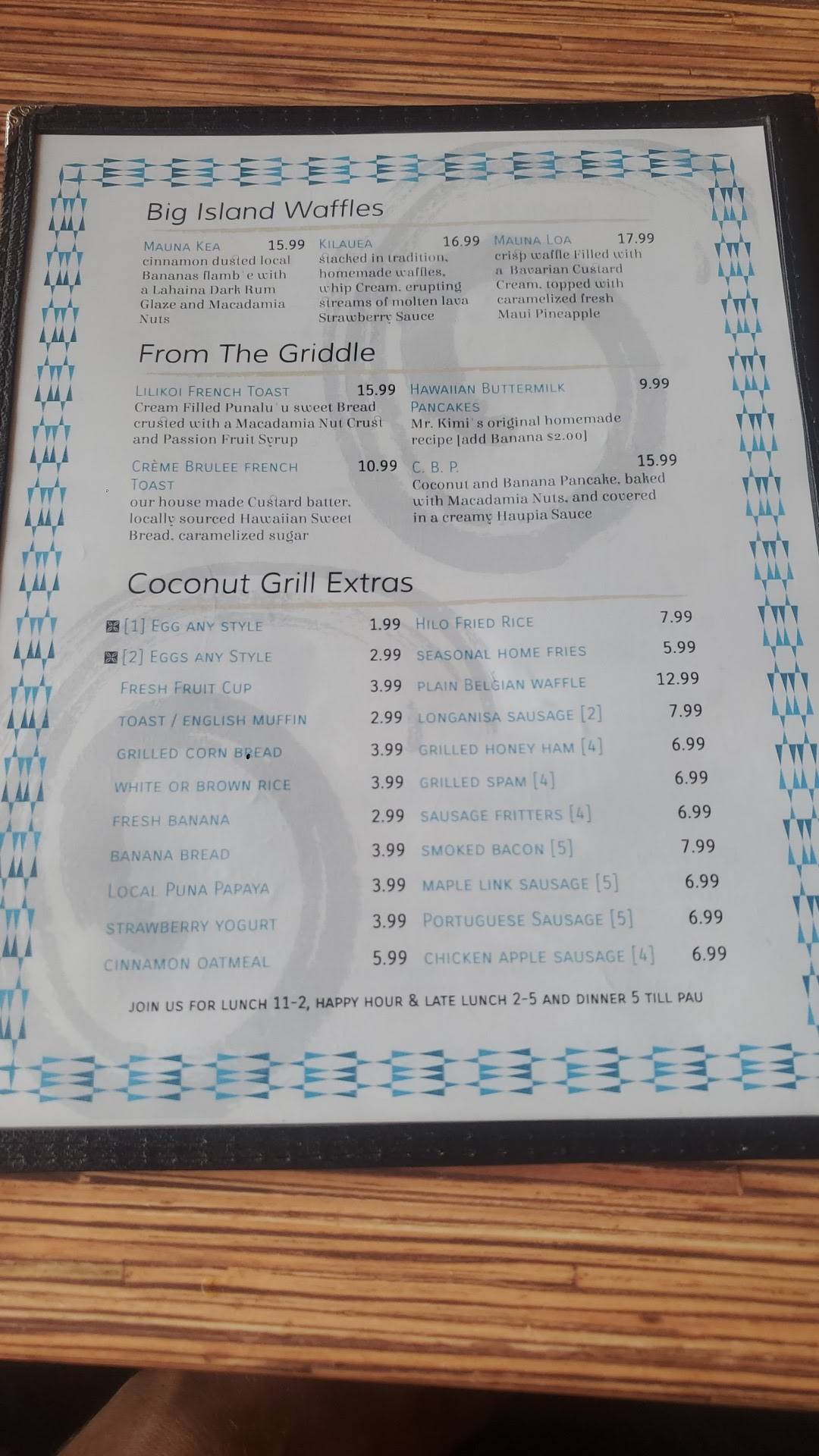 Menu at Coconut Grill restaurant, Hilo