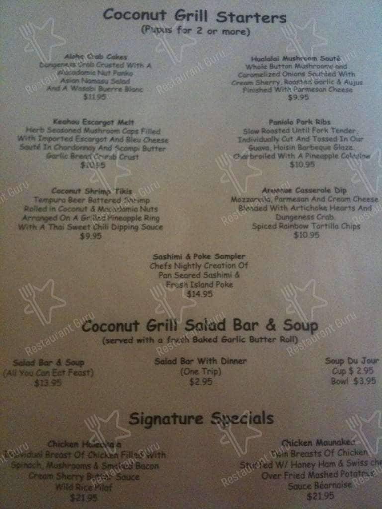 Menu at Coconut Grill restaurant, Hilo