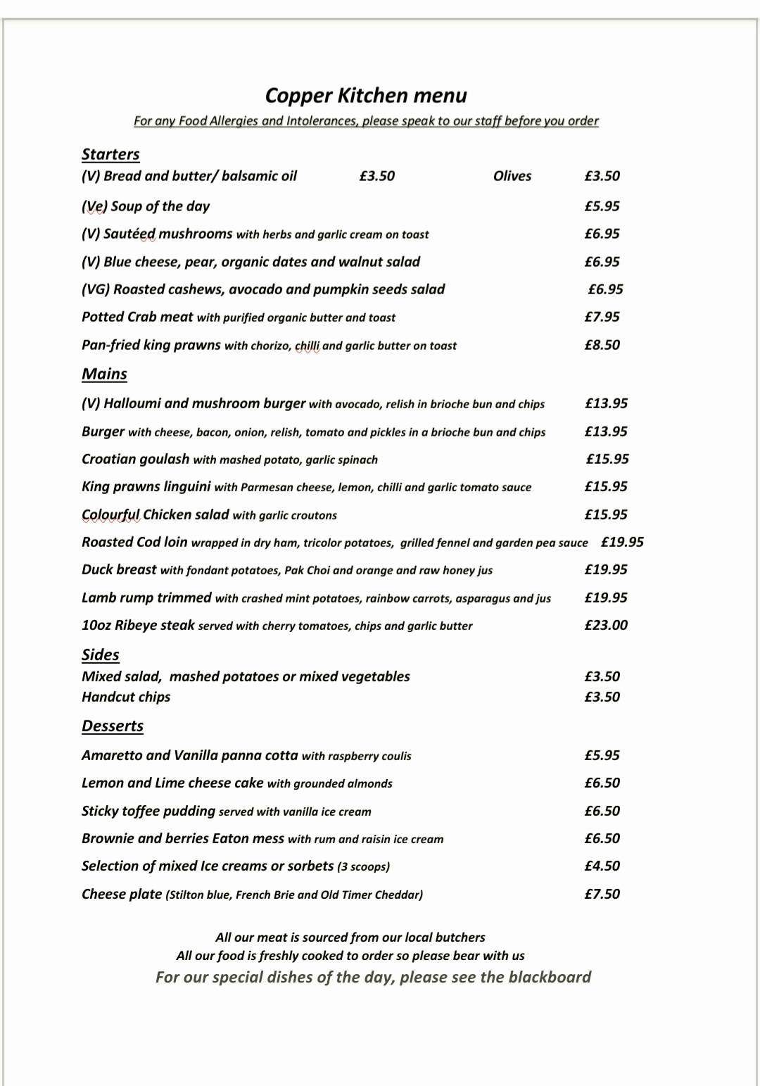 Menu at Copper Kitchen restaurant, Bicester