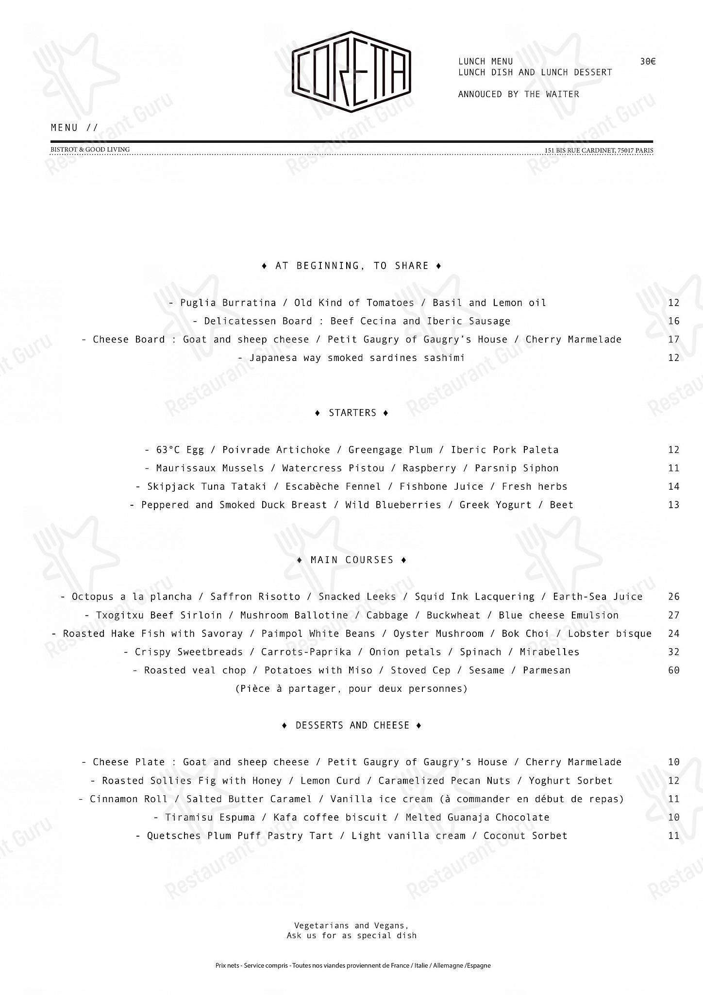 Menu at Coretta restaurant, Paris, 151 bis Rue Cardinet