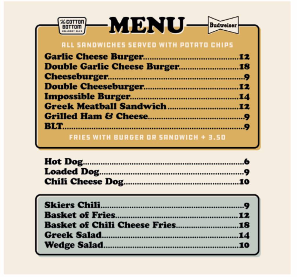 Menu at Cotton Bottom Inn pub & bar, Salt Lake City, E 6200 S