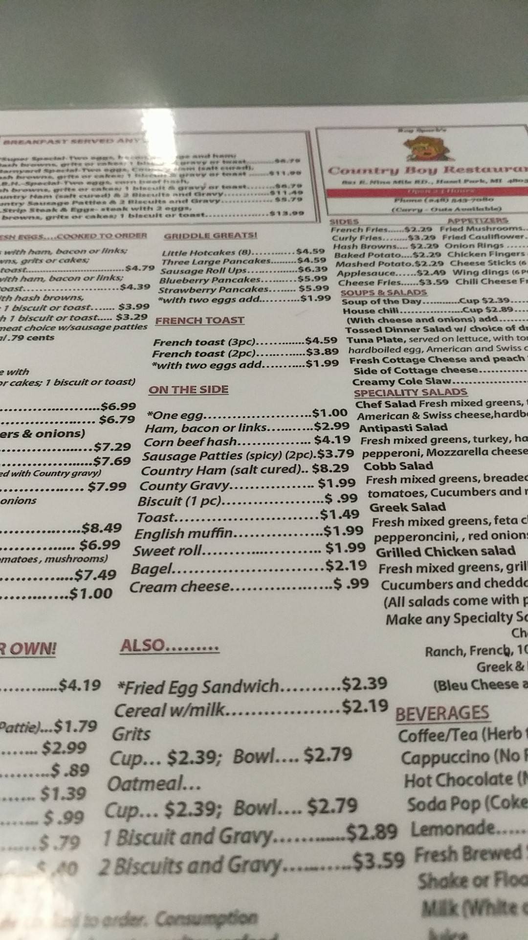 Menu at Country Boy Restaurant, Hazel Park
