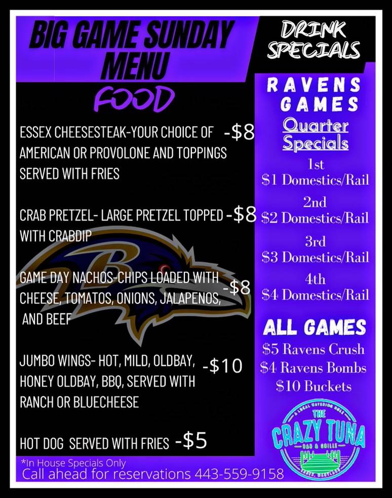 Menu at Crazy Tuna Bar & Grille, Essex, 203 Nanticoke Rd
