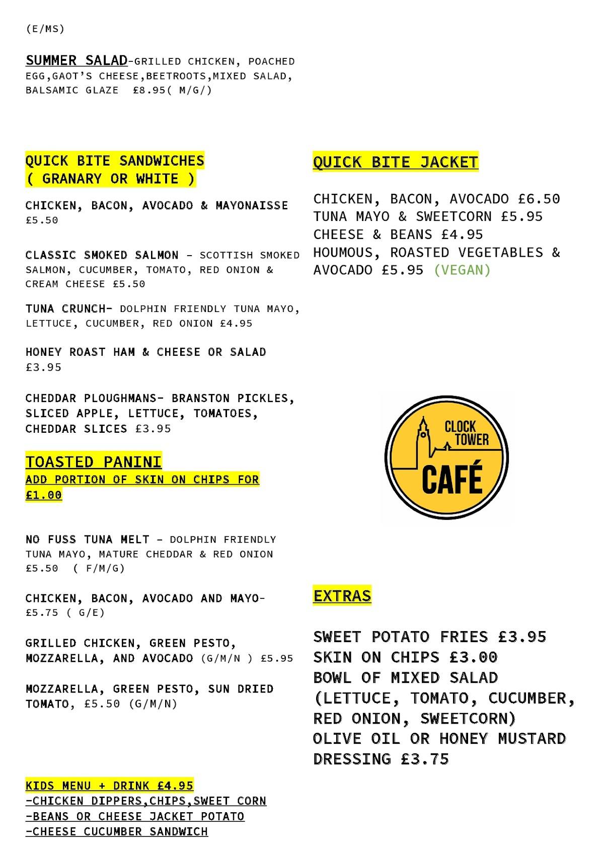 Menu at Clocktower Cafe, Croydon, 9 Katharine St