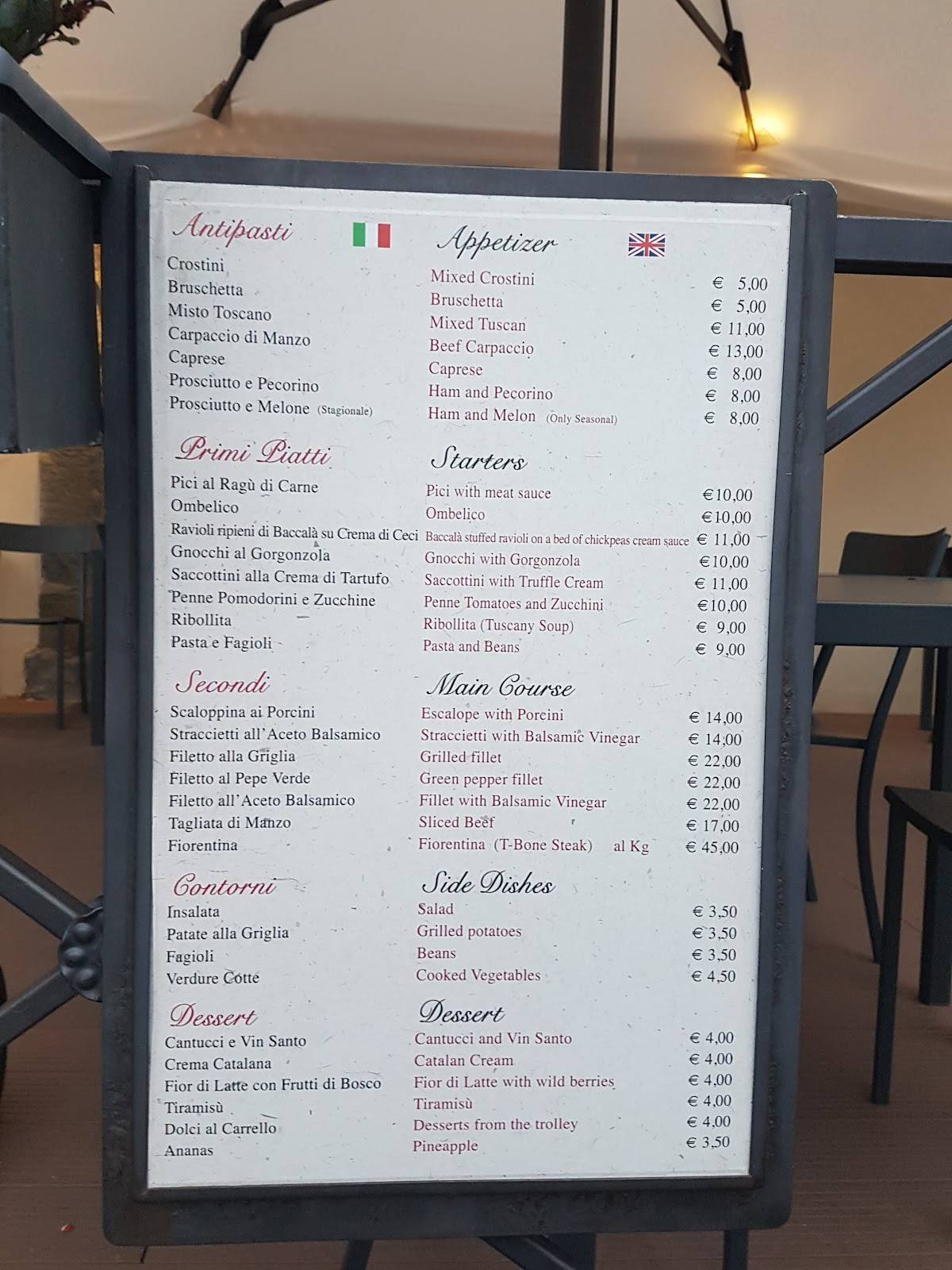 Menu at Da Muzzicone restaurant, Castiglion Fiorentino, Via S. Francesco