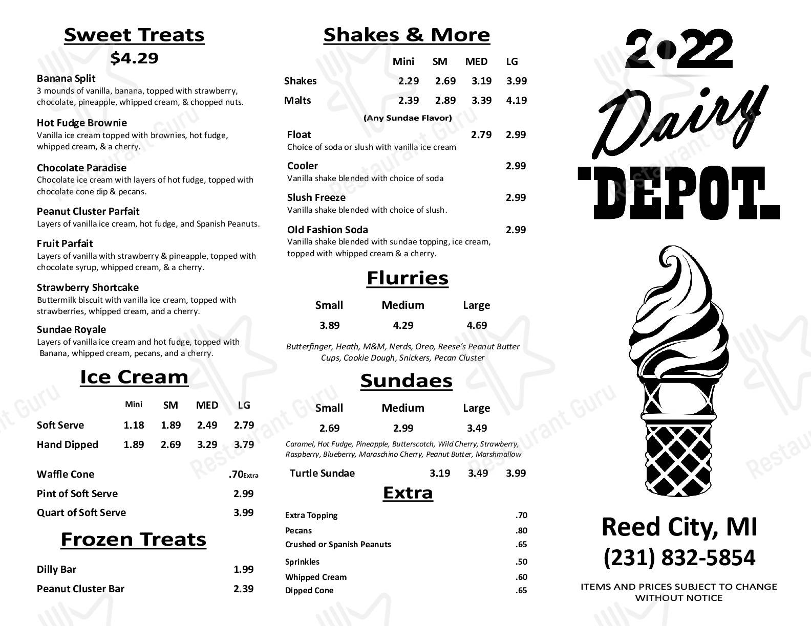 Menu at Dairy Depot, Reed City