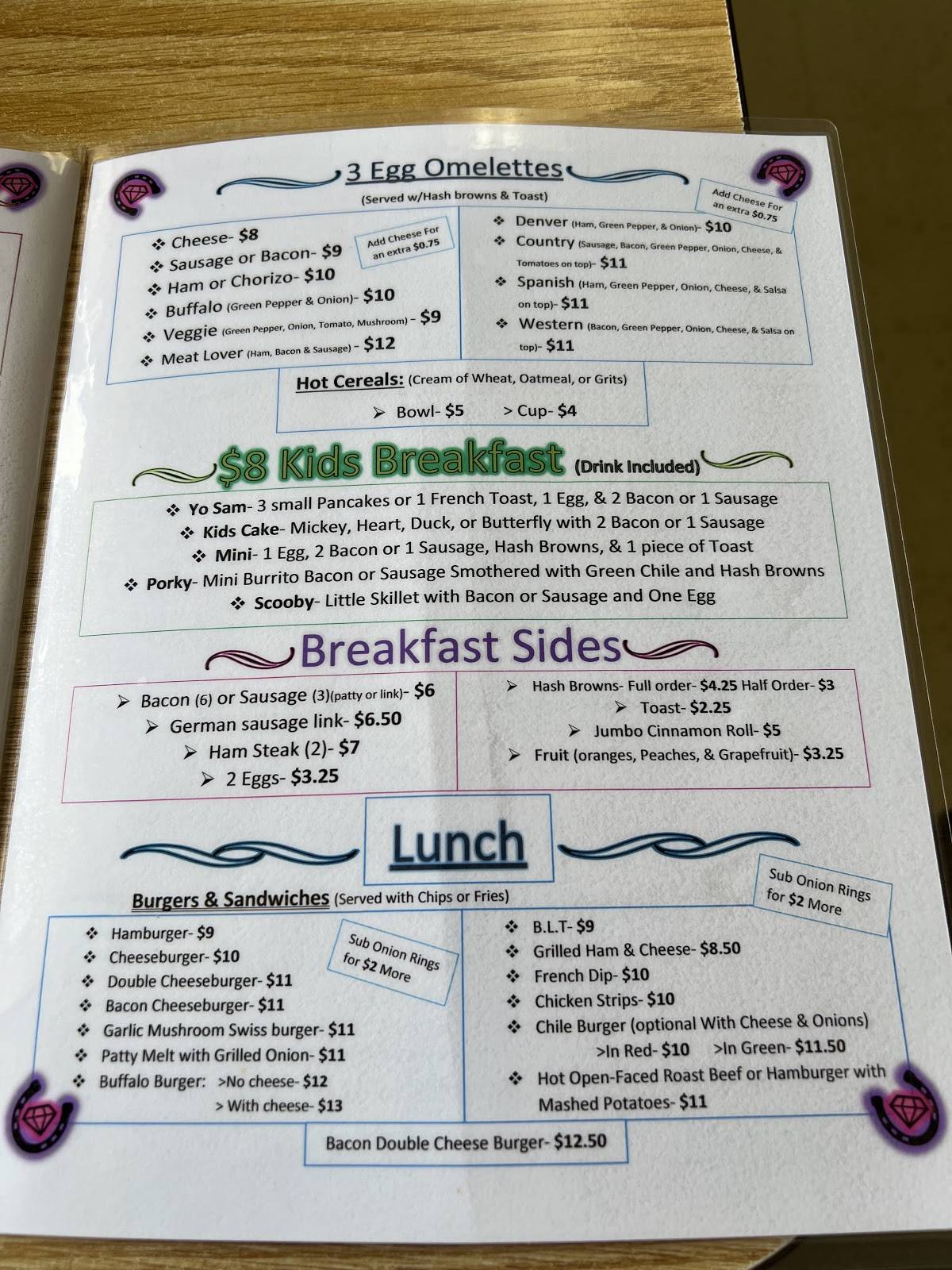 Menu at Diamond Horseshoe Cafe, Cheyenne