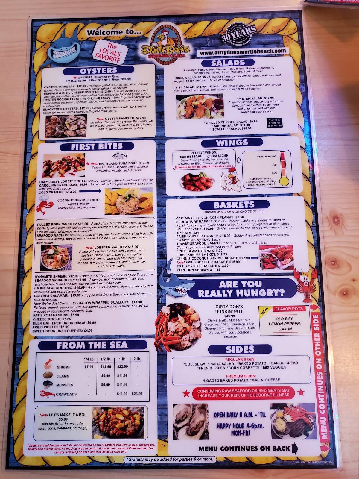 Menu at Dirty Don's Oyster Bar, Myrtle Beach, 910 N Ocean Blvd