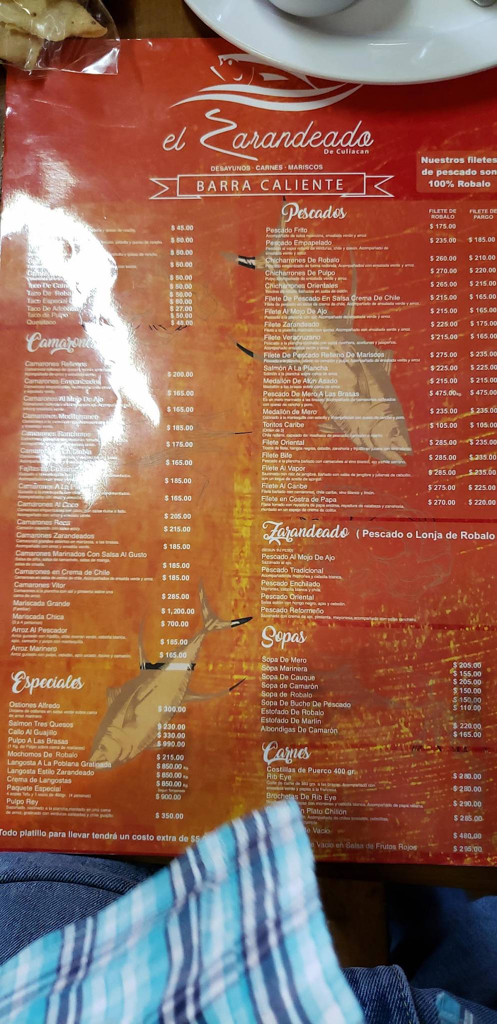 Carta del restaurante El Zarandeado, Culiacán Rosales, Sagitario 1870